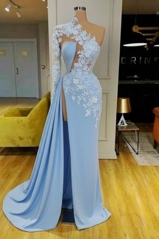 White Mermaid Evening Dress Front Split with Long Sleeves