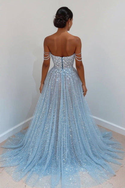 Sparkly Sky Blue Off-the-Shoulder Prom Dress Long with Sequins