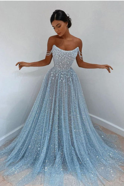 Sparkly Sky Blue Off-the-Shoulder Prom Dress Long with Sequins