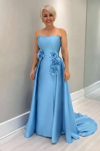 Dusty Blue Satin Mother of the Bride Dress Strapless with Flowers