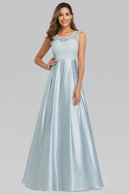 Sky Blue Sleeveless Lace Evening Gowns Long Prom Dress Online