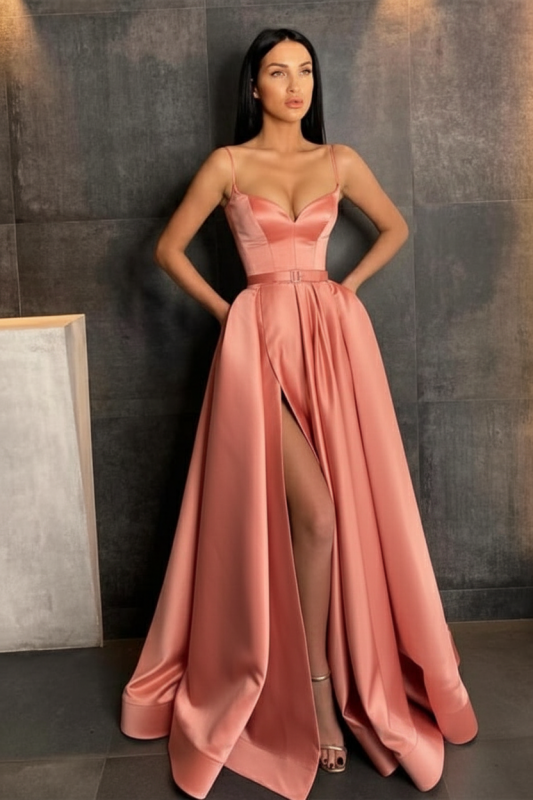 Sky Blue Spaghetti Straps Prom Dress Side Split with Pockets