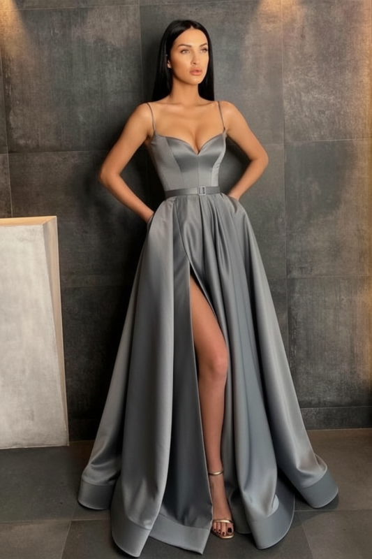 Sky Blue Spaghetti Straps Prom Dress Side Split with Pockets