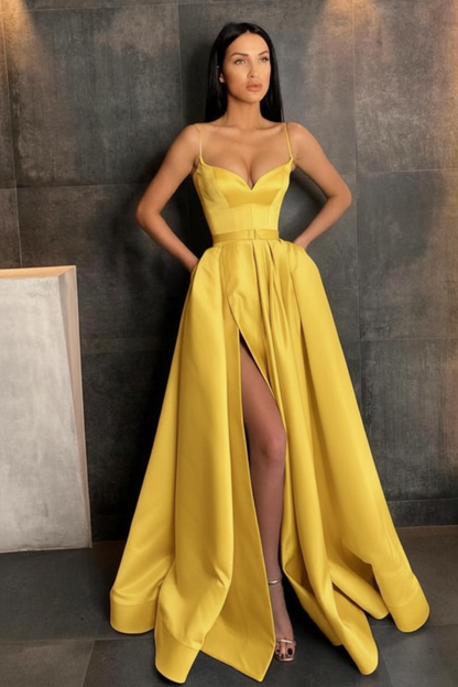 Sky Blue Spaghetti Straps Prom Dress Side Split with Pockets
