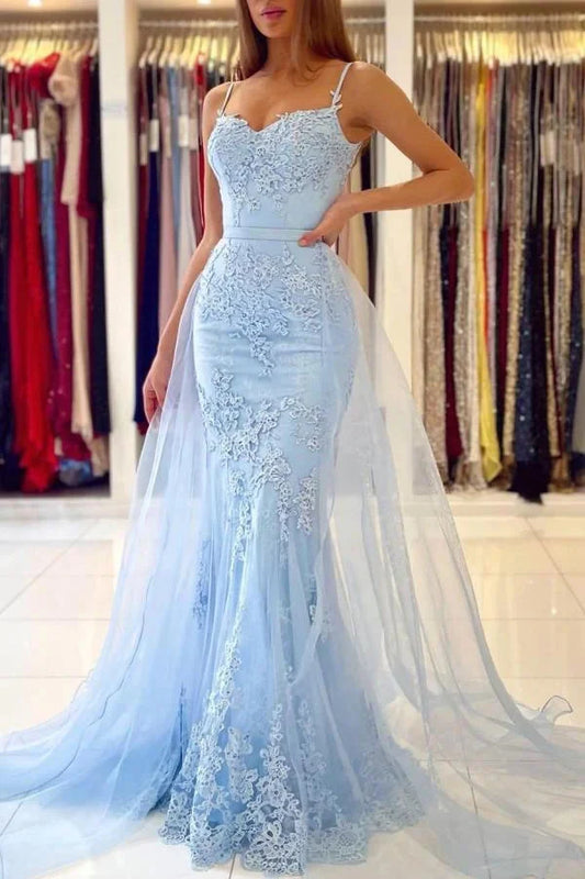 Sky Elegant Spaghetti-Straps Lace Evening Party Gowns Mermaid Long Evening Gowns