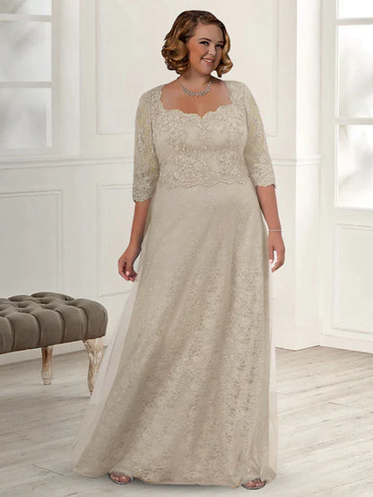 A-Line Mother of the Bride Dress Plus Size Elegant Jewel Neck Floor Length Lace Half Sleeve with Appliques