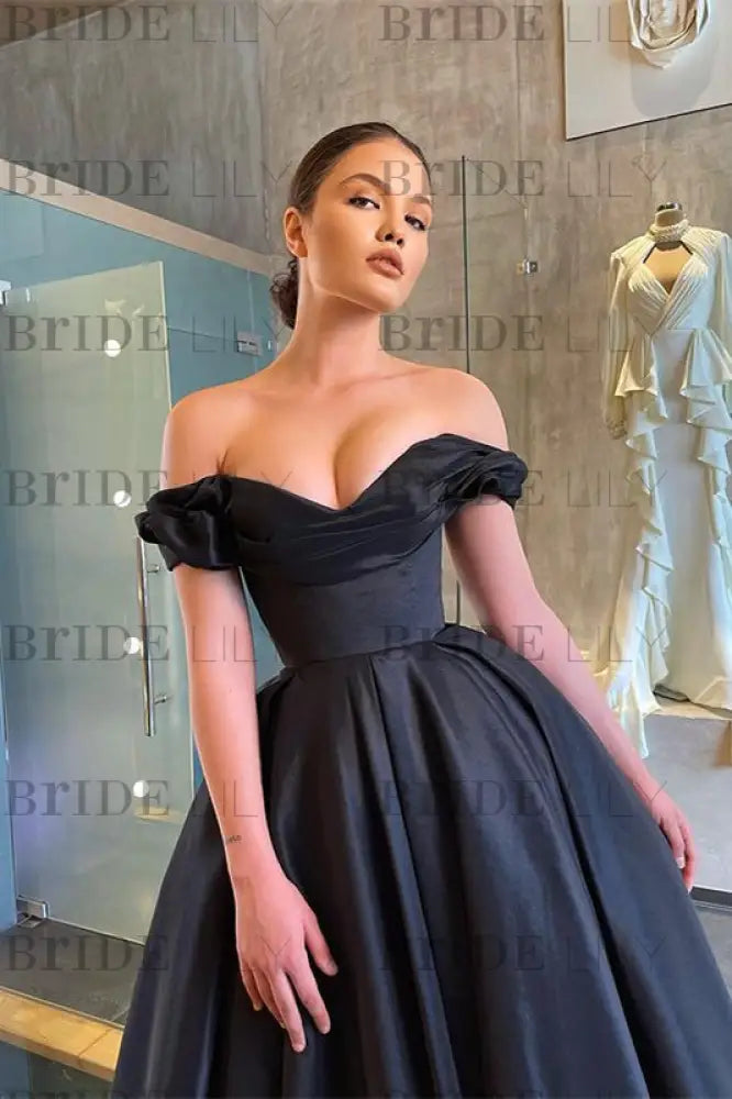 Stunning Off-the-Shoulder Black Prom Dress Tea Length Satin Formal Dress