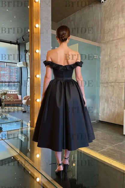 Stunning Off-the-Shoulder Black Prom Dress Tea Length Satin Formal Dress