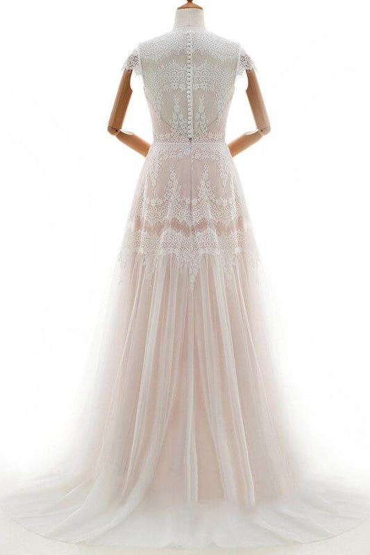 Sleek Cap Sleeve Lace Tulle A-line Wedding Dress