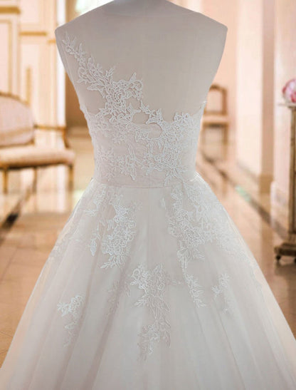 Sleeveless A Line Wedding Dresses Lace Floral Applique Bridal Gowns With Train