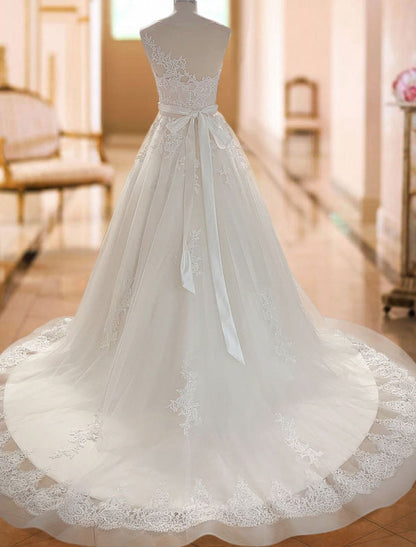 Sleeveless A Line Wedding Dresses Lace Floral Applique Bridal Gowns With Train