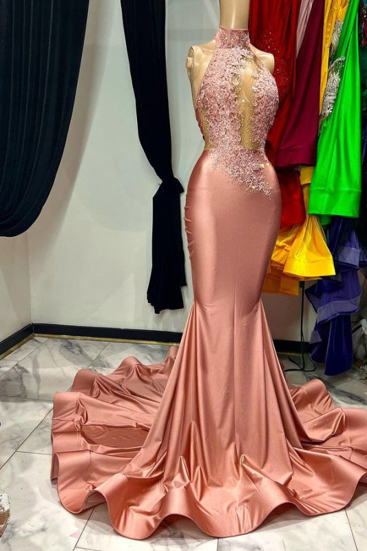 Sleeveless Halter Appliques Coral Mermaid Prom Dress Satin