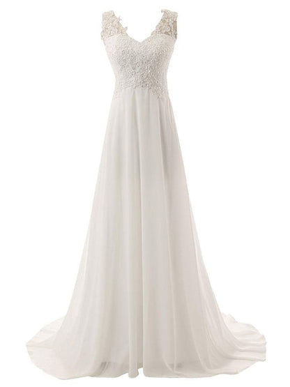 Sleeveless Lace Wedding Dress A Line V Neck Floral Beaded Bridal Dresses With Train
