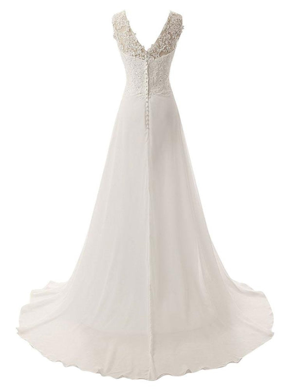 Sleeveless Lace Wedding Dress A Line V Neck Floral Beaded Bridal Dresses With Train