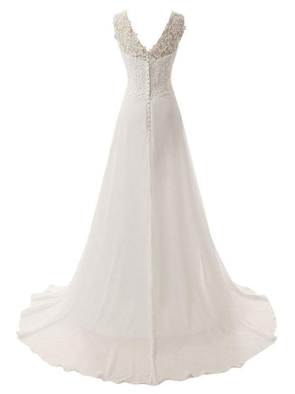 Sleeveless Lace Wedding Dress A Line V Neck Floral Beaded Bridal Dresses With Train