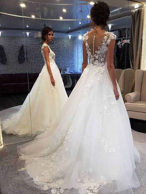 Sleeveless Lace Wedding Dress Jewel Neck Floral A Line Tulle Bridal Gowns