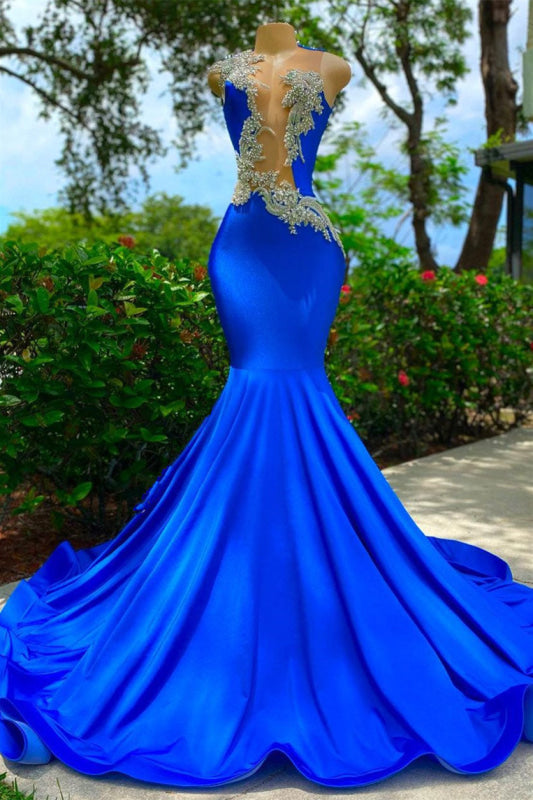 Sleeveless Royal Blue Mermaid Prom Dress with Sexy Cut Out Appliques