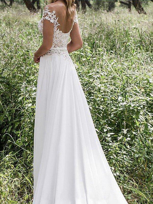 Sleeveless V-neck Lace Chiffon A-Line Side Split Floor-Length Wedding Dresses