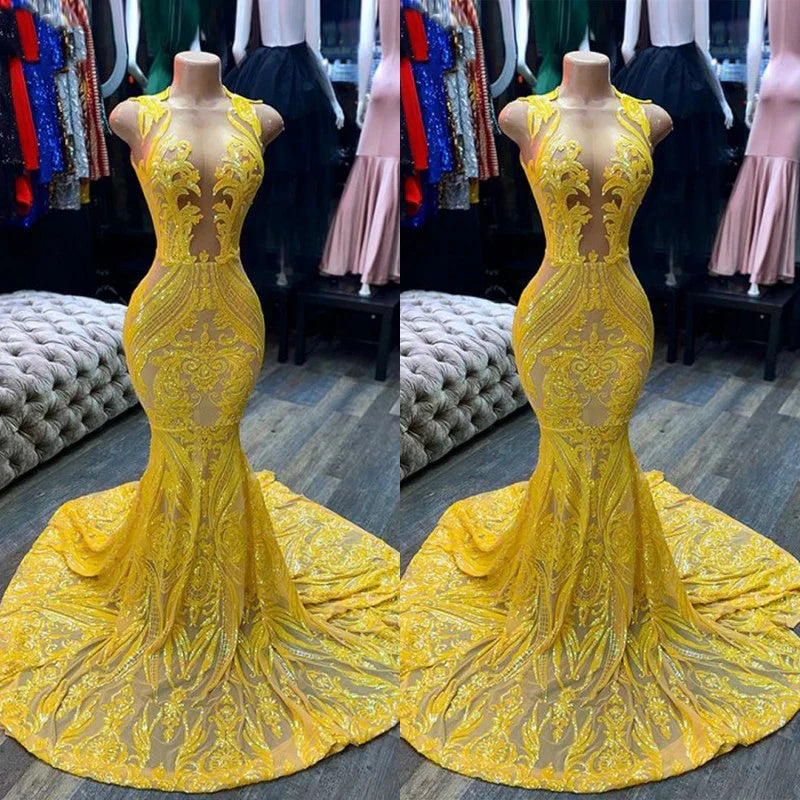 Yellow prom dresses, sheer prom dress, lace evening dress, vintage prom dresses, custom make prom dress C1465
