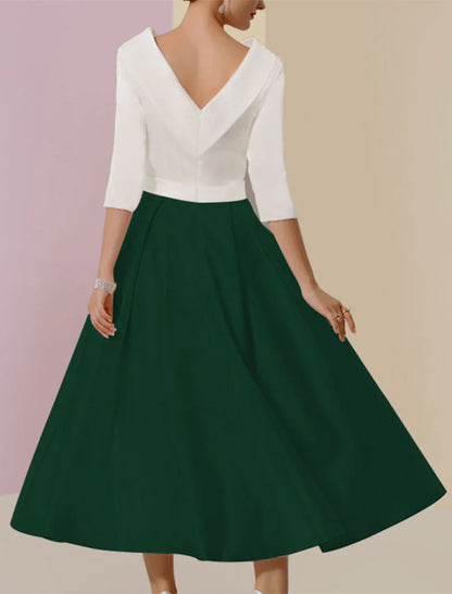 A-Line Mother of the Bride Dress Wedding Guest Elegant Vintage Jewel Neck Tea Length Charmeuse Half Sleeve with Pleats Crystals