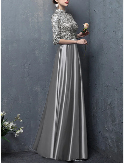 A-Line Mother of the Bride Dress Wedding Guest Elegant Vintage High Neck Floor Length Satin Half Sleeve with Bow(s) Appliques