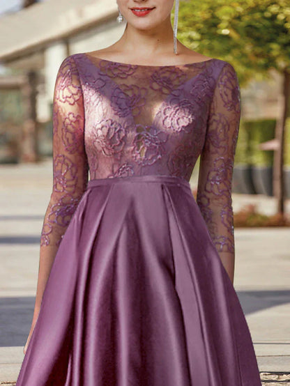 A-Line Mother of the Bride Dress Formal Wedding Guest Elegant High Low Scoop Neck Tea Length Satin Lace 3/4 Length Sleeve with Pleats Appliques