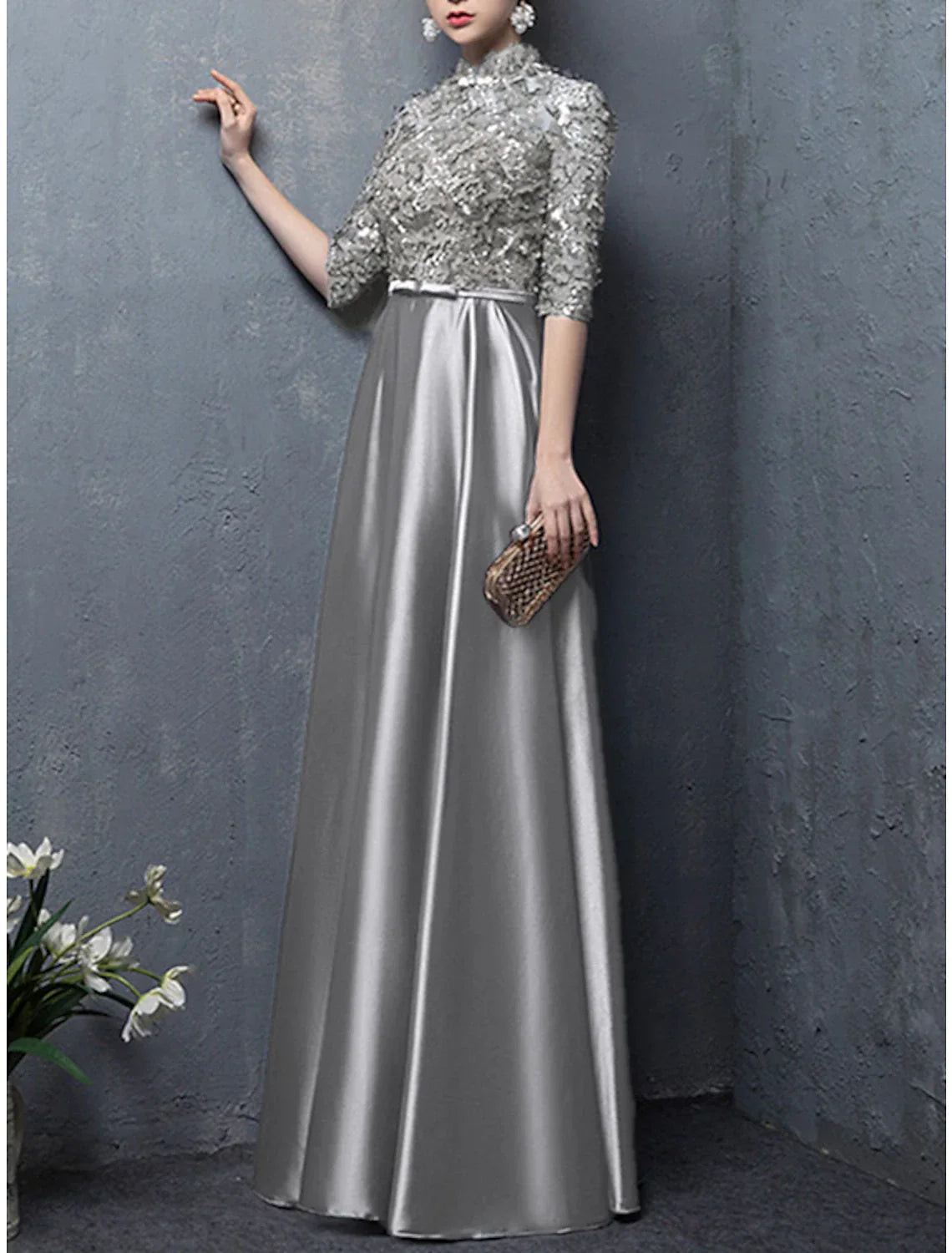 A-Line Mother of the Bride Dress Wedding Guest Elegant Vintage High Neck Floor Length Satin Half Sleeve with Bow(s) Appliques