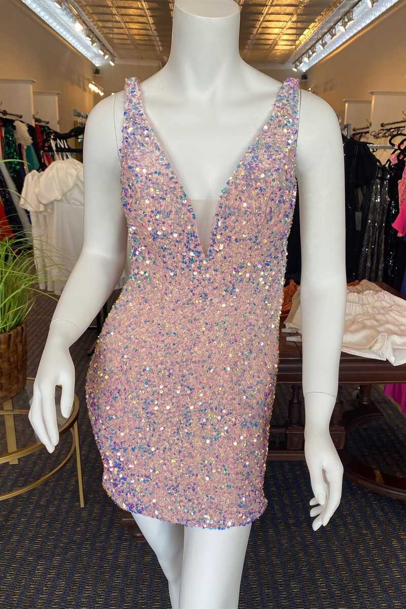 Purple Sequins Plunge Mini Homecoming Dress