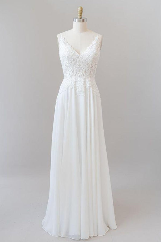 Spaghetti Strap Appliques Chiffon Wedding Dress Aline Sleeveless
