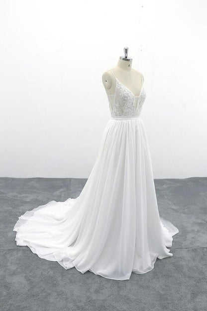 Spaghetti Strap Lace Chiffon A-line Wedding Dress