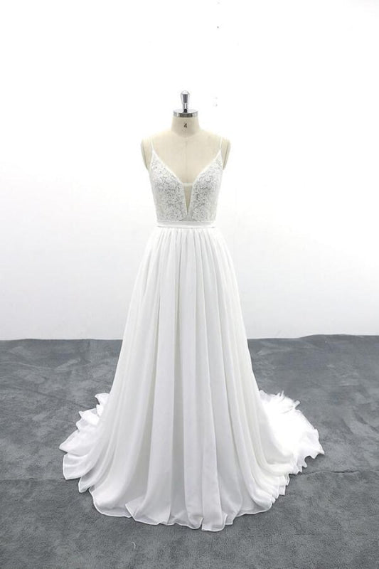 Spaghetti Strap Lace Chiffon A-line Wedding Dress