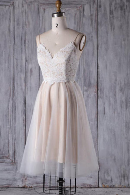 Spaghetti Strap Lace Tulle Short Wedding Dress