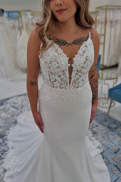 Spaghetti Straps Appliques Lace Mermaid Wedding Dresses Chapel Train