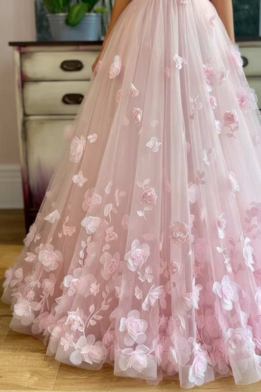 Spaghetti Straps Pink Floral Long Prom Dress Floral Long Formal Evening Dress