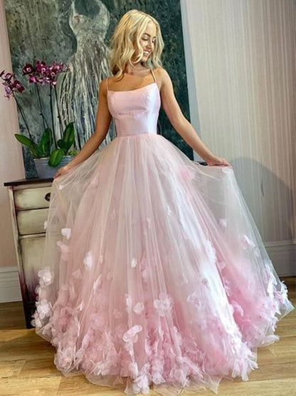 Spaghetti Straps Pink Floral Long Prom Dress Floral Long Formal Evening Dress