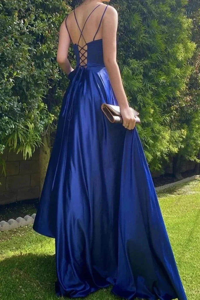 Spaghetti-Straps Royal Blue Long Evening Dress String Back