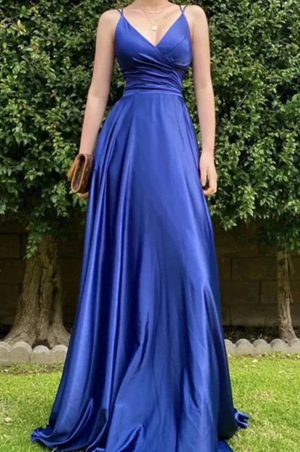 Spaghetti-Straps Royal Blue Long Evening Dress String Back