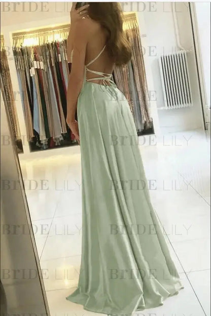 Spaghetti Straps Simple Satin Long Prom Dress with Slit