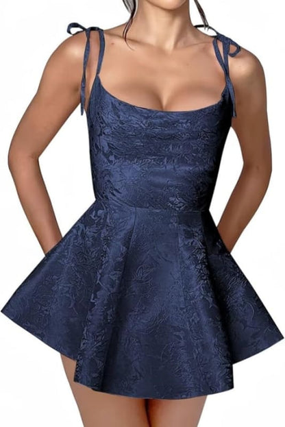 Spaghetti Straps Satin Mini Party Dress Jacquard Homecoming Dress Sleeveless