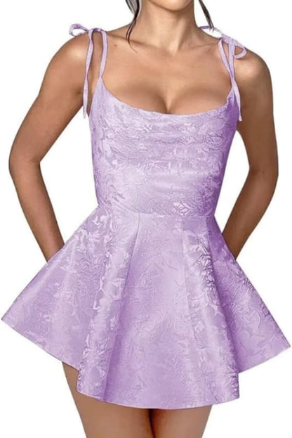Spaghetti Straps Satin Mini Party Dress Jacquard Homecoming Dress Sleeveless