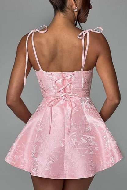 Spaghetti Straps Satin Mini Party Dress Jacquard Homecoming Dress Sleeveless