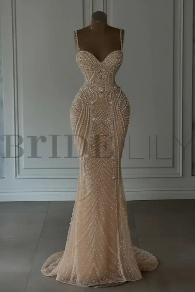 Spaghetti Straps Sweetheart Mermaid Wedding Dress Beadings Pearls Bridal Gown
