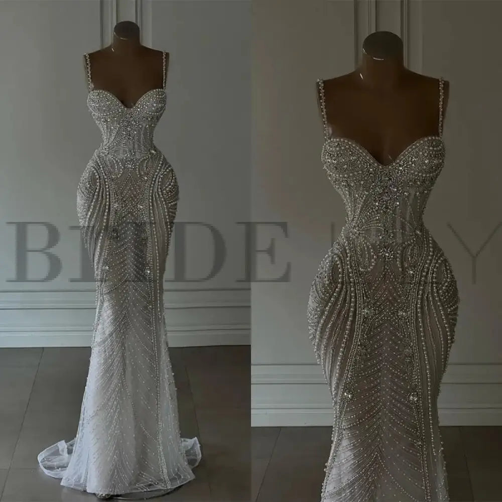 Spaghetti Straps Sweetheart Mermaid Wedding Dress Beadings Pearls Bridal Gown