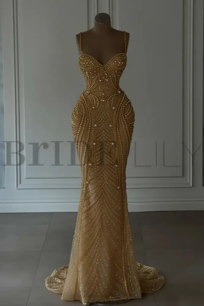 Spaghetti Straps Sweetheart Mermaid Wedding Dress Beadings Pearls Bridal Gown