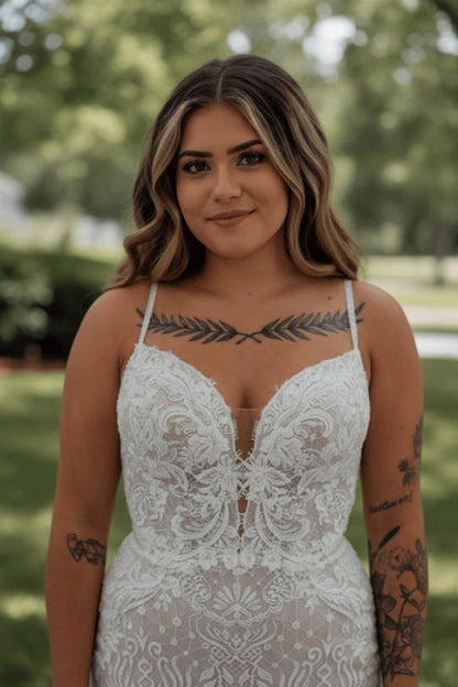 Spaghetti Straps Tulle Appliques Lace Mermaid Wedding Dresses