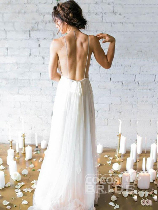 Spaghetti Straps V-neck A-line Sexy Backless Floor Length Wedding Dresses