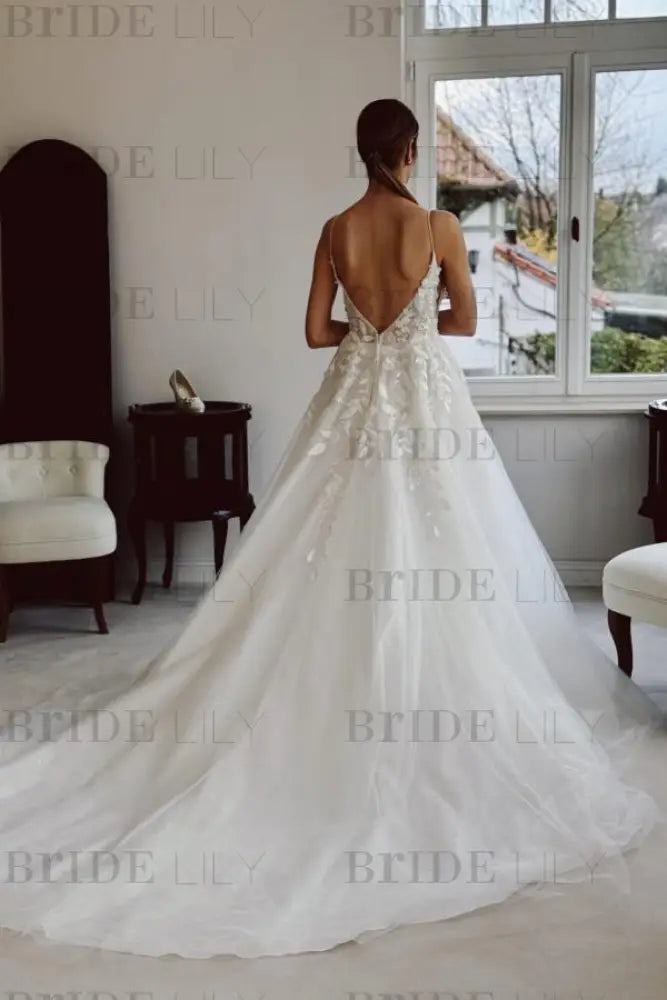 Spaghetti Straps V-Neck Backless Tulle Applique Wedding Dresses