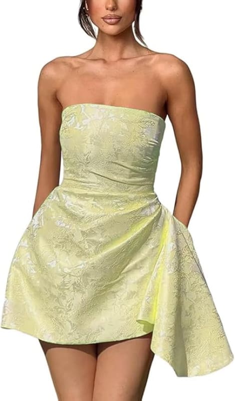 Sparkle Strapless Mini Party Dress Backless Satin Jacquard Homecoming Dress with Pocket