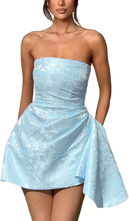 Sparkle Strapless Mini Party Dress Backless Satin Jacquard Homecoming Dress with Pocket