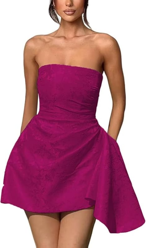 Sparkle Strapless Mini Party Dress Backless Satin Jacquard Homecoming Dress with Pocket